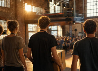 Startup-Team von hinten in einer Backstein-Halle vor einer Bühne, warmes Licht durch hohe Fenster