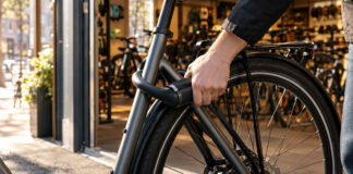 Fahrradschloss an einem Stadtfahrrad vor einem Fahrradladen im Tageslicht