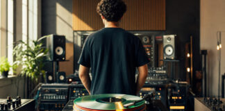 Musiker von hinten im Tonstudio vor rotierenden Vinylplatten im warmen Licht