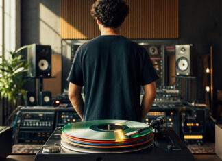 Spotify-Musik-Konkurrent – Google Play Music! Musiker von hinten im Tonstudio vor rotierenden Vinylplatten im warmen Licht