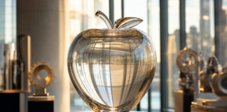 Gläserner Apfel als Marken-Skulptur in einer modernen Lobby, umgeben von Technik-Elementen im Tageslicht.