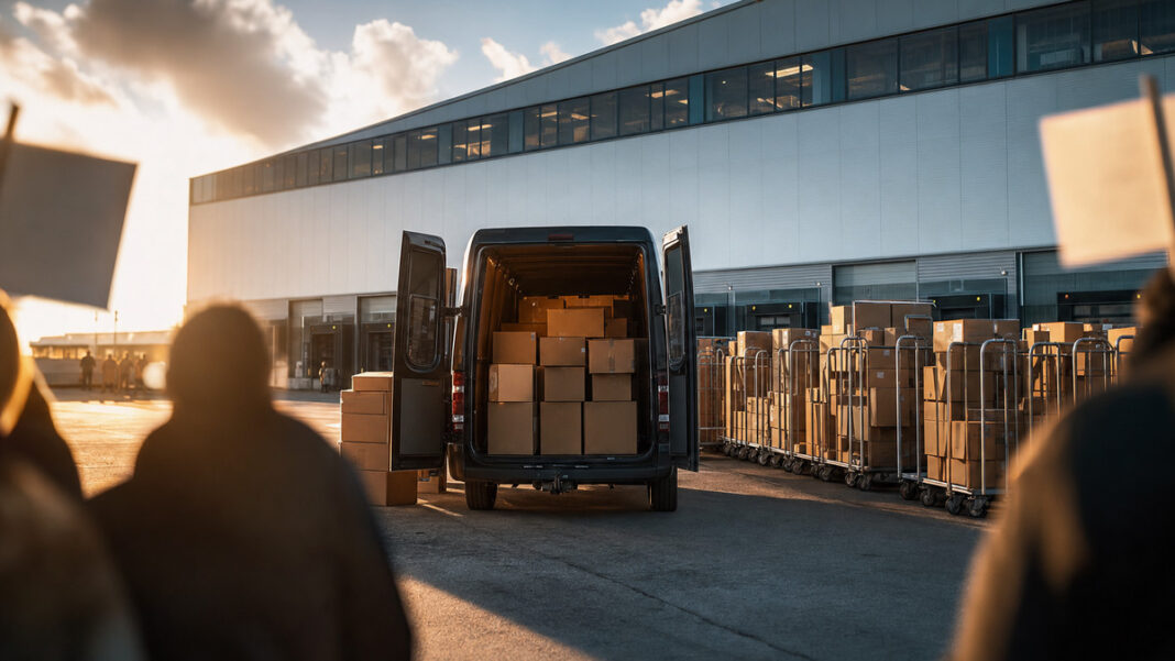 Amazon zwischen Umsatz und Protest Lieferwagen vor Logistikzentrum, daneben Pakete und eine kleine Protestgruppe am Rand