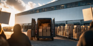 Lieferwagen vor Logistikzentrum, daneben Pakete und eine kleine Protestgruppe am Rand