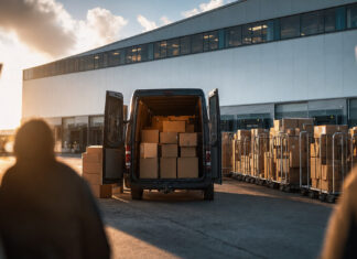 Amazon – zwischen Umsatzrekorden und Protestwellen Lieferwagen vor Logistikzentrum, daneben Pakete und eine kleine Protestgruppe am Rand