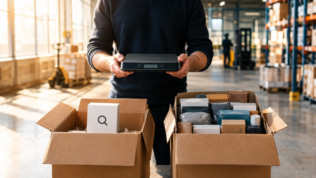 Google vs Amazon Zwei Versandkartons in einer Logistikhalle, ein Gründer hält eine Waage für den Vergleich.