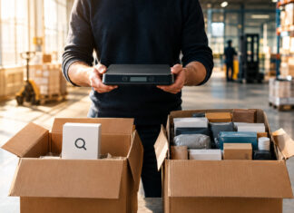 Zwei Versandkartons in einer Logistikhalle, ein Gründer hält eine Waage für den Vergleich.