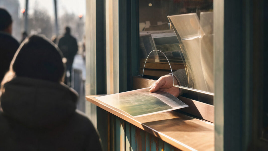 Paywall am Kiosk Hand am Kioskfenster mit Glas-Sperre, dahinter gedruckte Zeitung, draußen unscharfe Passanten-Silhouetten