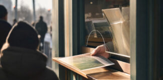 Hand am Kioskfenster mit Glas-Sperre, dahinter gedruckte Zeitung, draußen unscharfe Passanten-Silhouetten