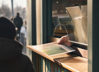 Bild.de führt Paywall ein Hand am Kioskfenster mit Glas-Sperre, dahinter gedruckte Zeitung, draußen unscharfe Passanten-Silhouetten