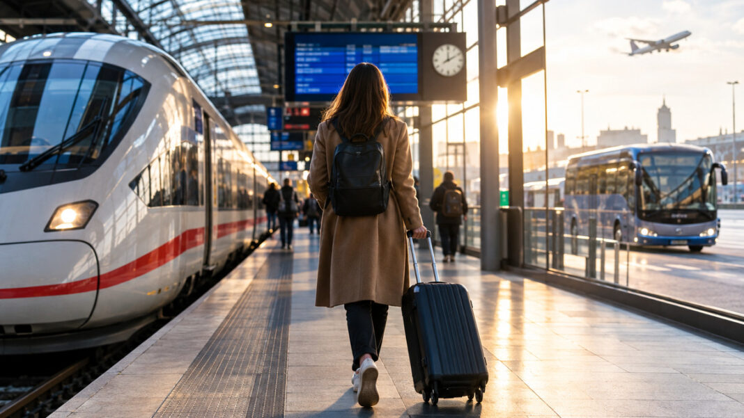 Schneller ans Ziel mit Omio Person mit Rollkoffer im Hauptbahnhof, Zug und Fernbus im Hintergrund