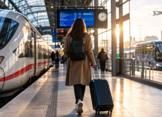 Person mit Rollkoffer im Hauptbahnhof, Zug und Fernbus im Hintergrund