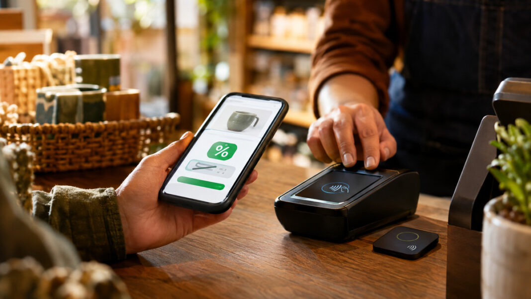 Hände an einer Ladenkasse mit Smartphone und sofortiger Preisreduktion im Fachgeschäft