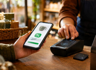 Hände an einer Ladenkasse mit Smartphone und sofortiger Preisreduktion im Fachgeschäft
