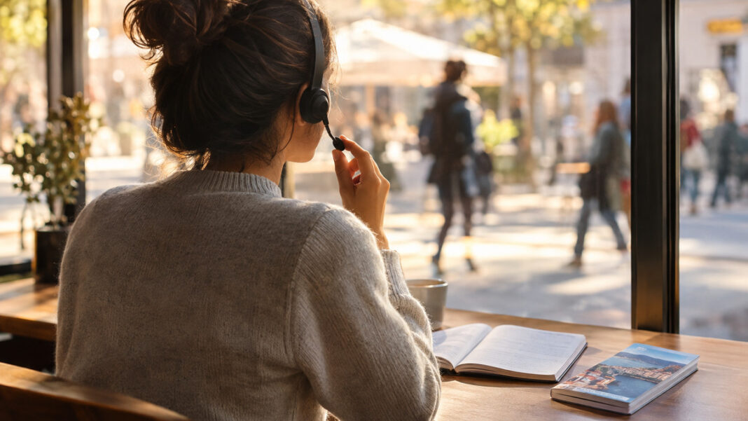 Sprachen lernen im Café Person lernt am Café-Fenster per Headset eine Sprache; Vokabelheft und Reiseführer liegen auf dem Tisch