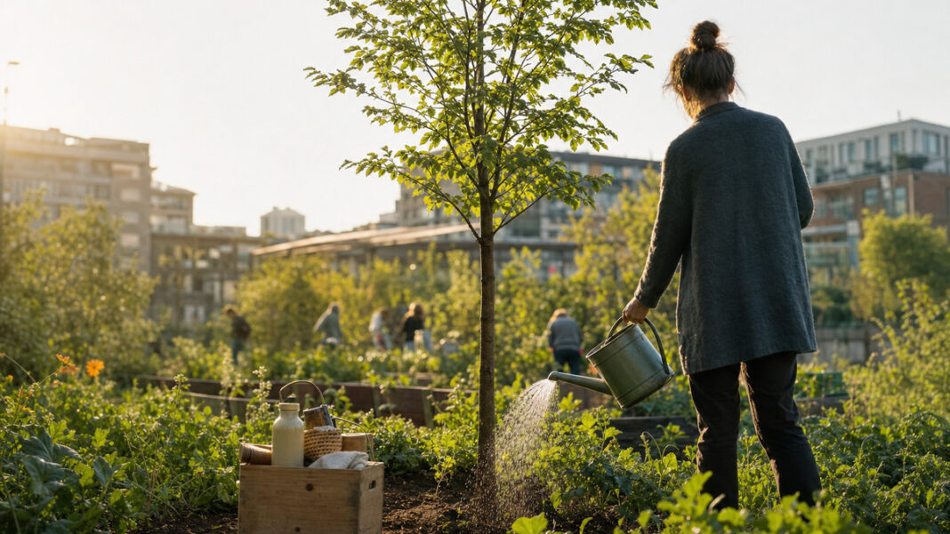 Umweltbewusst handeln und belohnen Person von hinten gießt einen jungen Baum neben einer kleinen Prämienbox im Garten