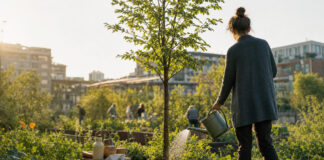 Person von hinten gießt einen jungen Baum neben einer kleinen Prämienbox im Garten