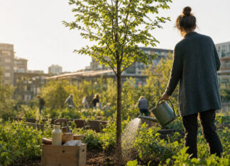 Person von hinten gießt einen jungen Baum neben einer kleinen Prämienbox im Garten