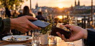Zwei Hände tauschen auf einer Restaurantterrasse Smartphone und Geldbörse nach dem Essen.