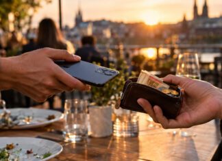 Zwei Hände tauschen auf einer Restaurantterrasse Smartphone und Geldbörse nach dem Essen.