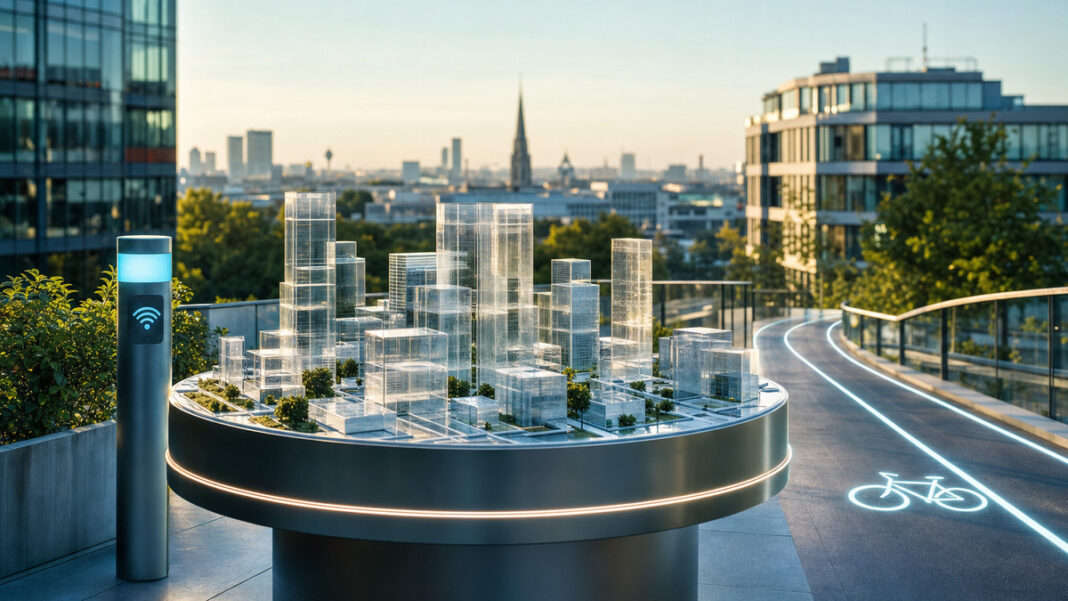 Smart City Index Stadtmodell Stadtmodell mit Sensorpfahl und Fahrradspur in moderner Innenstadt bei Morgenlicht