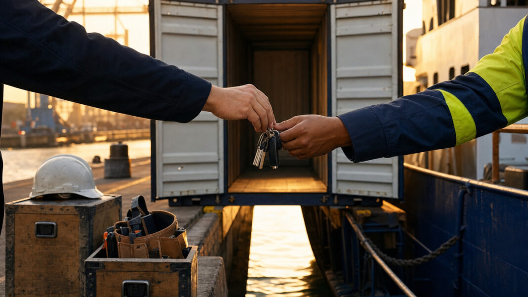Auslandsrekrutierung am Hamburger Hafen Offener Container am Hafen, daneben Kisten mit Helm und Werkzeuggurt, zwei Hände reichen einen Schlüsselbund.