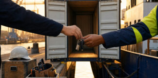 Offener Container am Hafen, daneben Kisten mit Helm und Werkzeuggurt, zwei Hände reichen einen Schlüsselbund.