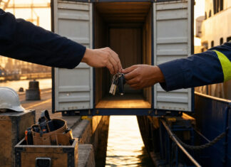 Employland erleichtert Rekrutierung von Auslandspersonal Offener Container am Hafen, daneben Kisten mit Helm und Werkzeuggurt, zwei Hände reichen einen Schlüsselbund.