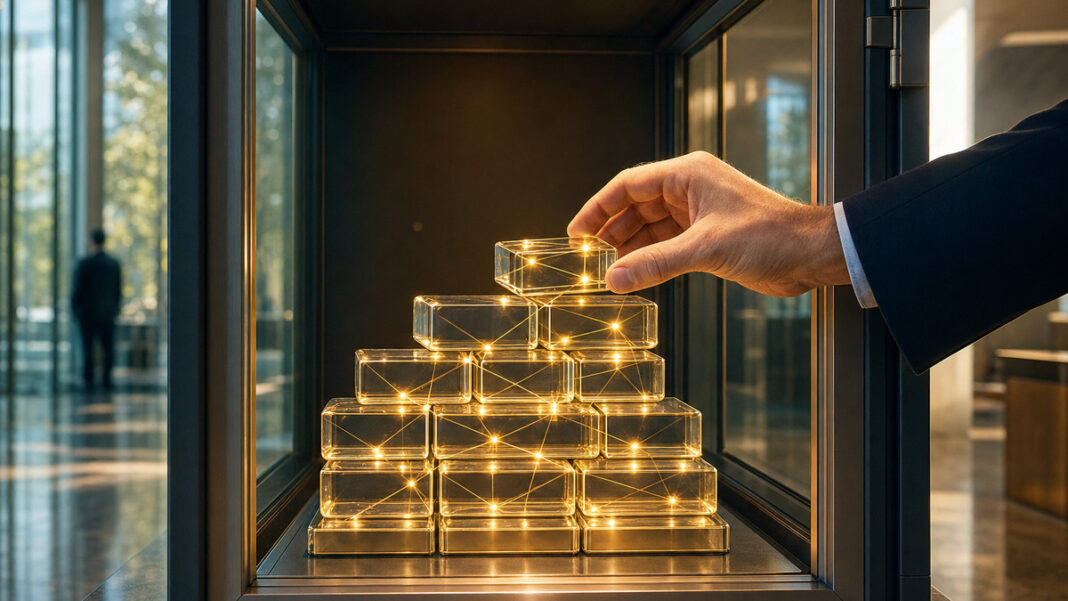Blockchain in der Bankfiliale Leuchtend verbundene Metallblöcke in einer Tresorvitrine, eine Hand greift vorsichtig danach.