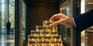 Leuchtend verbundene Metallblöcke in einer Tresorvitrine, eine Hand greift vorsichtig danach.