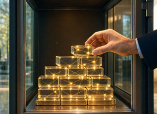 Leuchtend verbundene Metallblöcke in einer Tresorvitrine, eine Hand greift vorsichtig danach.