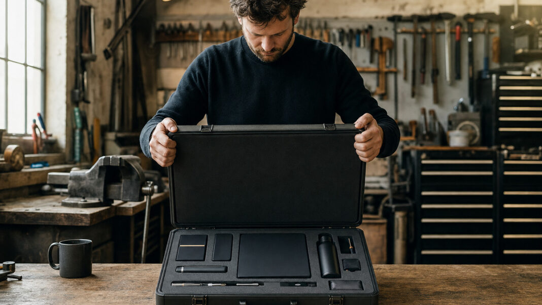Business-Kit für Startups Gründer packt ein hochwertiges Business-Kit in einer Münchner Werkstatt aus