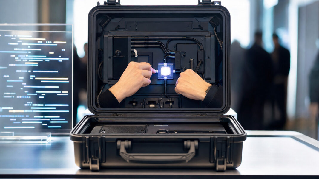 Smartes Gepäck und Codevision Offener Smartkoffer mit Technikmodulen und visualisierten Code-Linien auf einer Messe