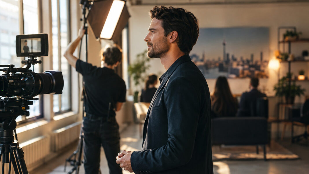 Gruender vor Kamerastation im Recruiting-Studio, Mitarbeiter justiert Licht, Team-Hintergrund