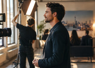 Gruender vor Kamerastation im Recruiting-Studio, Mitarbeiter justiert Licht, Team-Hintergrund