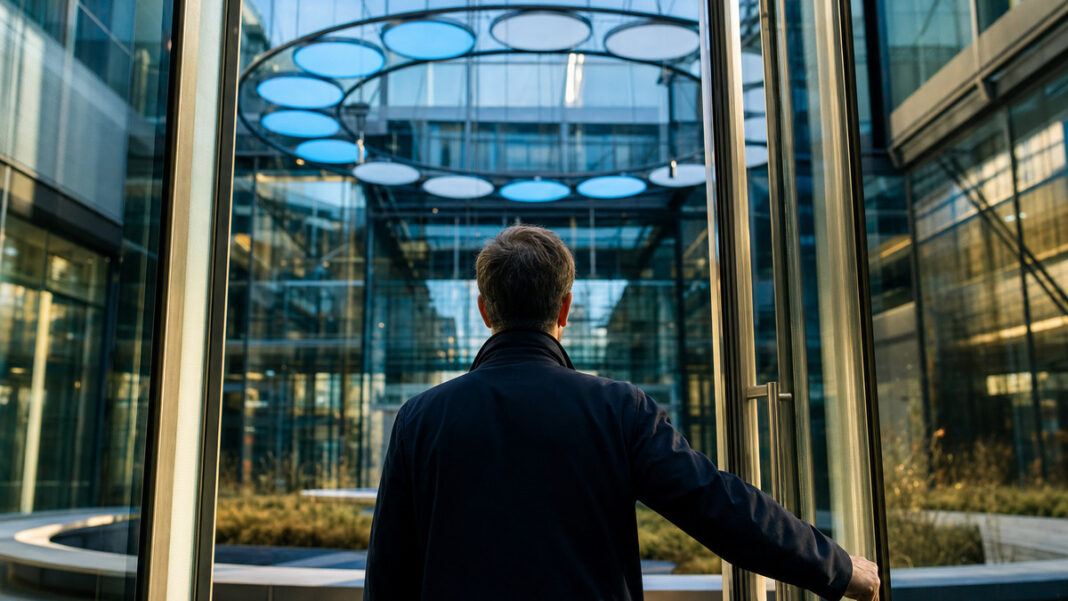 Gläsernes Innovationszentrum mit leuchtenden Modulen und einer Person am Zugangstor