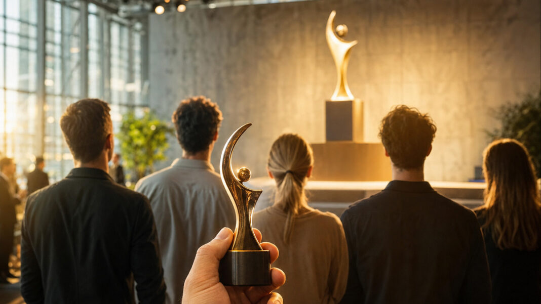 B2B-Startup Wettbewerb Team von hinten vor Messebühne mit leerem Podest und glänzendem Pokal