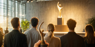Team von hinten vor Messebühne mit leerem Podest und glänzendem Pokal