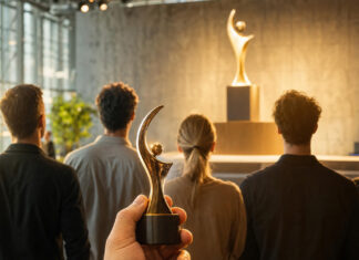 Die webinale sucht die besten B2B-Startups! Team von hinten vor Messebühne mit leerem Podest und glänzendem Pokal