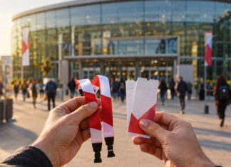 Zwei Hände halten Eintrittsbändchen und Tickets vor dem Messeeingang der CUBE Tech Fair in Berlin.