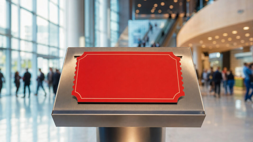 Cognitive Business Summit Ticket Gewinnspiel Rotes Ticket auf Konsole im Hamburger Kongresszentrum, im Hintergrund unscharfe Eventszene