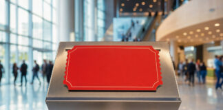 Rotes Ticket auf Konsole im Hamburger Kongresszentrum, im Hintergrund unscharfe Eventszene