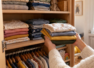 Offener Kleiderschrank mit sortierter Kinderkleidung und Händen, die weitere Kleidung dazulegen.