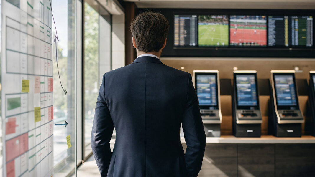 Unternehmer von hinten in einer Wettannahmestelle vor Wettterminals im Seitenlicht