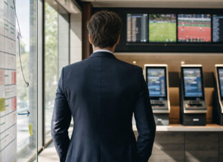 Unternehmer von hinten in einer Wettannahmestelle vor Wettterminals im Seitenlicht