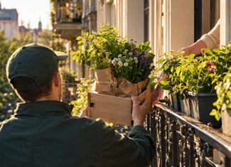 Lieferant reicht Balkonkästen und Pflanzenpaket an einem Berliner Balkon im warmen Licht