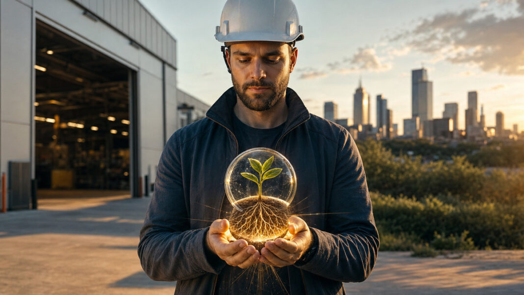 Einwanderung, Innovation und Wachstum Gründer mit Bauhelm hält ein leuchtendes Keimlingsmodell vor moderner Werkhalle