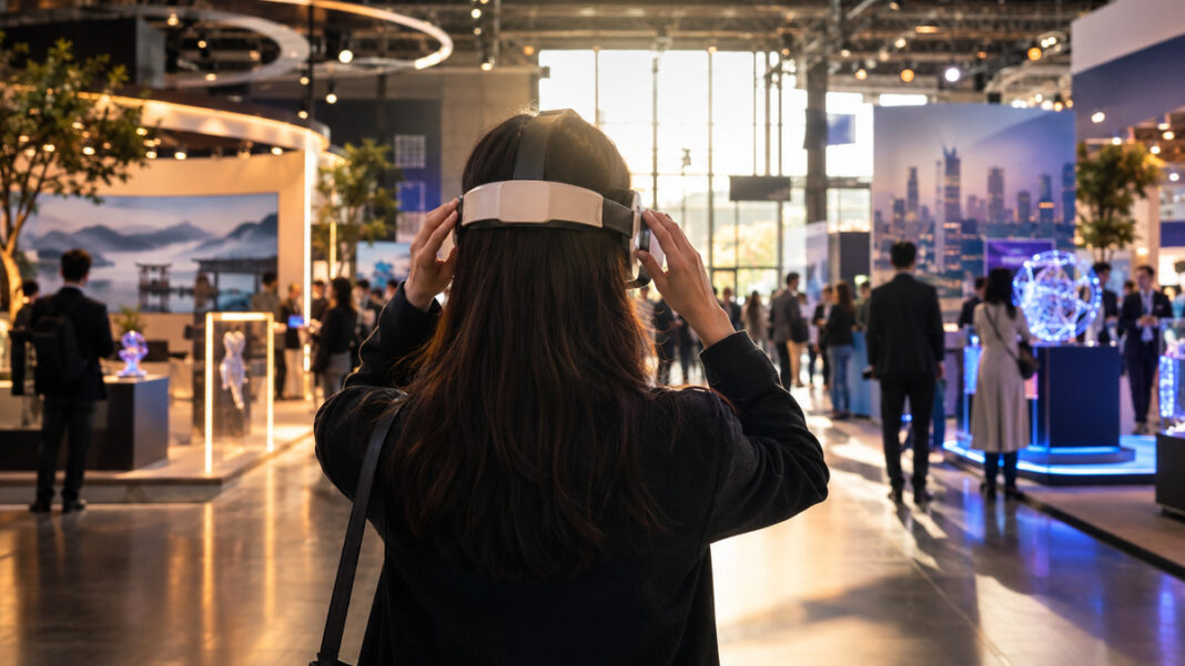 Person setzt auf einer Messe ein VR-Headset auf, im Hintergrund internationale Staende