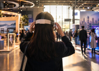 Person setzt auf einer Messe ein VR-Headset auf, im Hintergrund internationale Staende