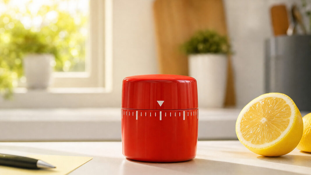 Pomodoro Technik Roter Küchentimer neben einer angeschnittenen Zitrone im Morgenlicht