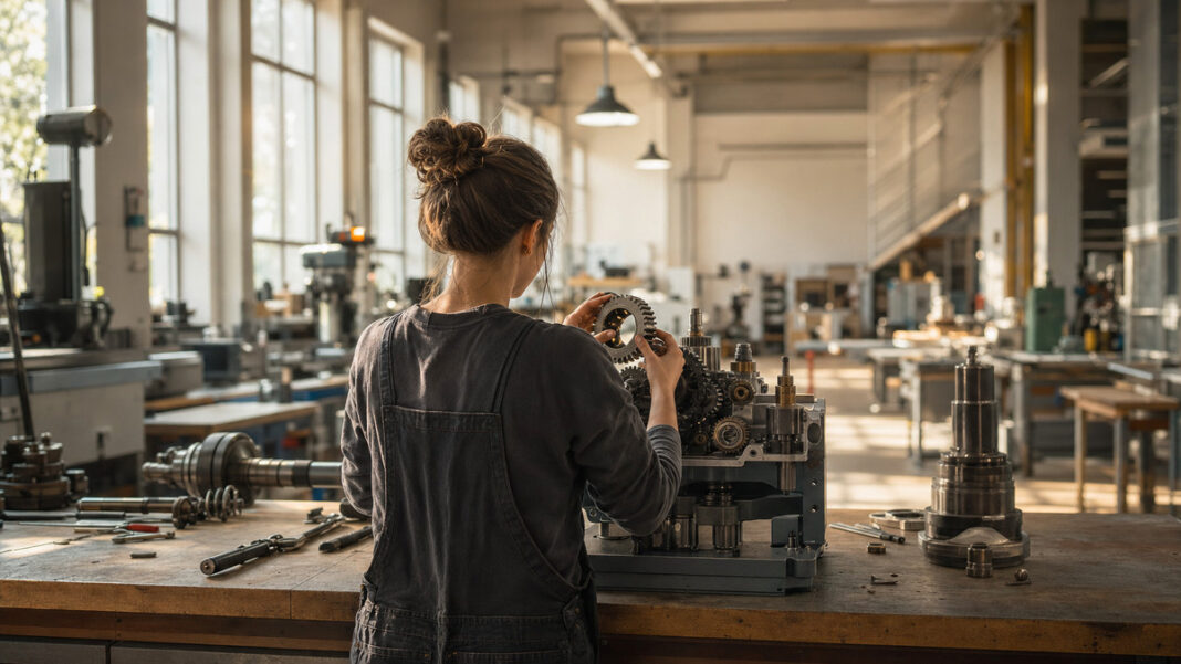 Studentin in der Werkstatt Studentin von hinten prüft an einer Werkbank ein Zahnrad in einer Mechanik unter natürlichem Licht.